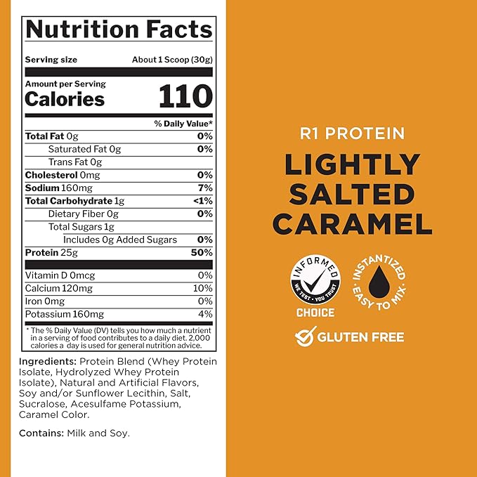 Rule One Proteins R1 Protein - 25g Fast-Acting, Super-Pure 100% Isolate and Hydrolysate Protein Powder with 6g BCAAs (2 Pounds*, Lightly Salted Caramel)