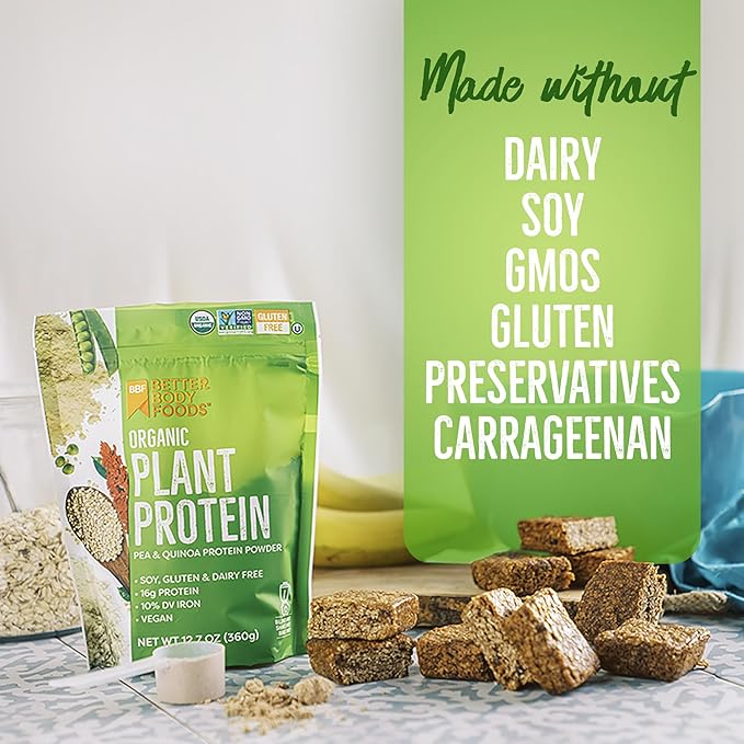 BetterBody Foods Organic Plant Based Protein Powder, 16g of Protein 24% DV, Vegan, Low Net Carbs, Gluten Free, Dairy Free, No Sugar Added, Soy Free, Non-GMO, 12.7 Ounces