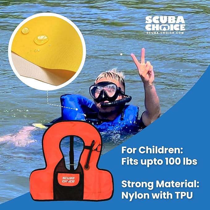 Scuba Choice Kids Snorkel Vest with Front Pocket & Whistle, Orange – Adjustable, Lightweight, Inflatable Vests for Kids Up to 100lbs, Easy Oral Inflator, Removable Strap, Portable Water Safety Gear