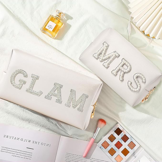 CY2SIDE Mrs Letter Makeup Bag - 2PCS White GLAM and MRS Pearl Rhinestone Letter Patch Cosmetic Bag PU Leather Patch Pouch Waterproof Portable Zipper Travel Organizer for Wedding Bride Christmas Gifts