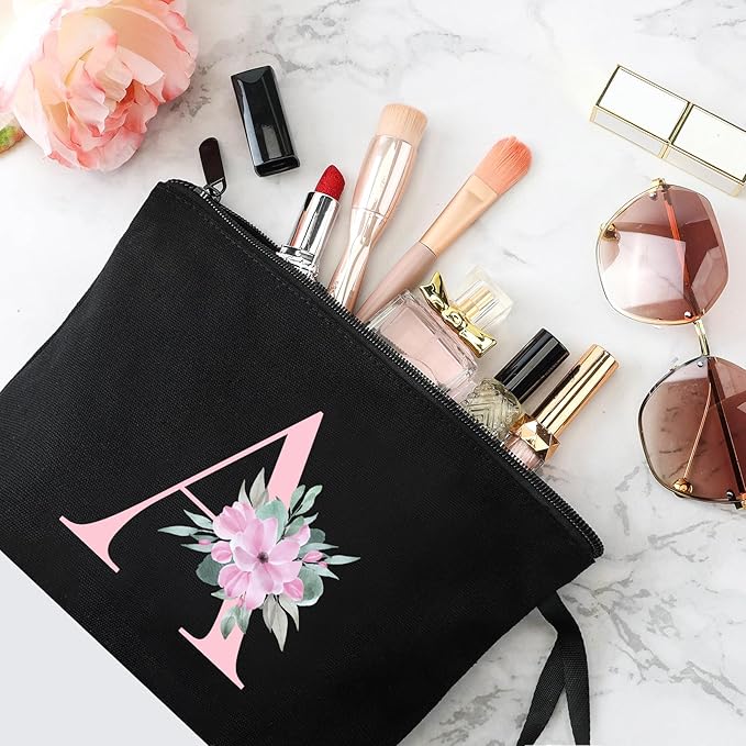 Vavabox A-Z Personalized Makeup Bag, Birthday Gifts for Women Mom, Gifts for Best Friend, Bride Bridesmaid Cosmetic bag (A, Black)