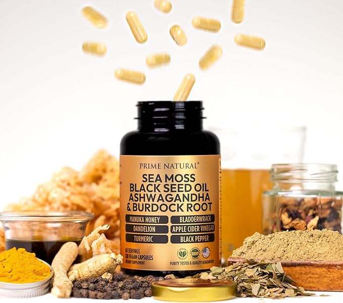 Sea Moss 3000mg Black Seed Oil 2000mg Ashwagandha 1000mg Turmeric 1000mg Bladderwrack 1000mg Burdock 1000mg Manuka Honey Dandelion ACV - 120 Capsules | 60 Days Supply | Vegan