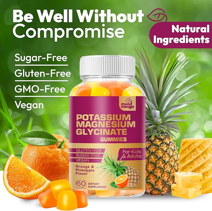 MoodMingle Potassium Magnesium Glycinate Supplement Gummies - High Absorption Potassium Chews - with Calcium Vitamins B6 B12 C D3 K2 Zinc - Vegan Sugar-Free Gluten Free for Kids Adults