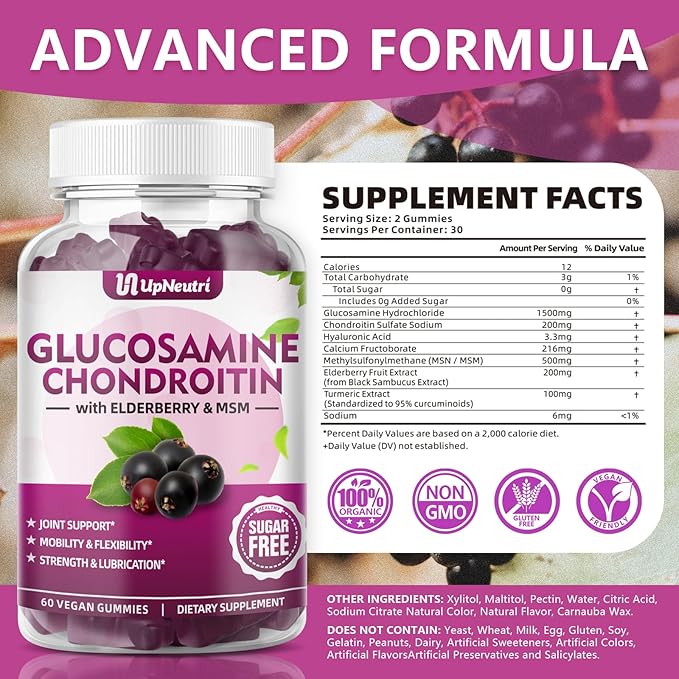 Glucosamine Chondroitin Gummies Sugar Free, Extra Strength 1500mg Glucosamine with Chondroitin MSM & Turmeric, Joint Support Supplement for Men & Women Joint Health (60 Count (Pack of 2))