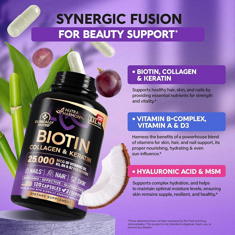 NUTRAHARMONY Biotin | Collagen | Keratin - Clinically Tested Supplement - Hair Growth Support, Skin & Nails - 25000 mcg Vitamins B2, B3, B6 & B7 + B1 & Hyaluronic Acid - Made in USA - Women & Men | 120 Capsules