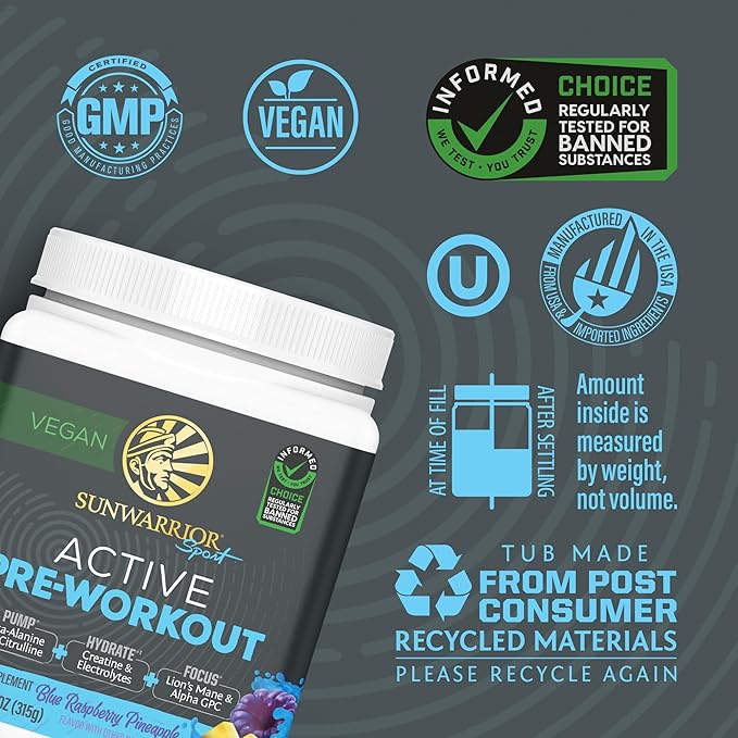Pre Workout Powder Energy Drink | Vegan, Plant-Based, Pre-Workout Supplement | Pump, Hydrate, Focus, Endurance, & Strength Builder | Blue Raspberry Pineapple Flavored | 30 Servings | Active Preworkout