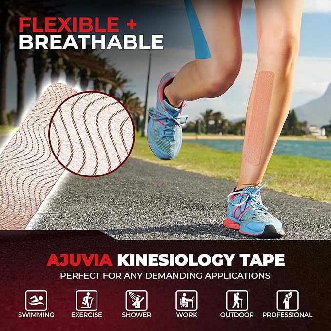 AJUVIA Synthetic Kinesiology Tape, 2 Uncut Rolls, 10% Bonus Pack, Lasts up to 14 Days, Hypoallergenic and Waterproof K Tape for Muscle Pain Relief and Joint Support