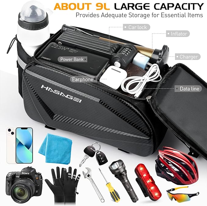 Bike Bag,Bicycle Bag,Bike Rack Bag,About 9L Big Capacity,Waterproof,Toolless Installation,Durable,With Portable Strap & Rain Cover Bike Trunk Storage Travel Bag Panniers