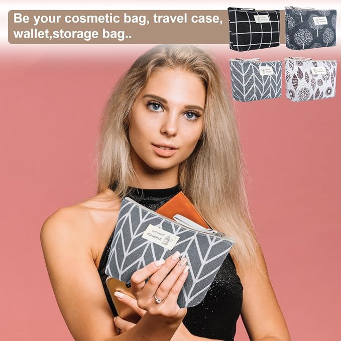 Canvas Makeup Bag Set, 4 Pcs Makeup Pouch Set Multi-Function Travel Zipper Pouch Purse Organizer Pouches, Travel Pouches Toiletry Bag Christmas Gifts Printed Cute Cosmetic Bags for Women Girls
