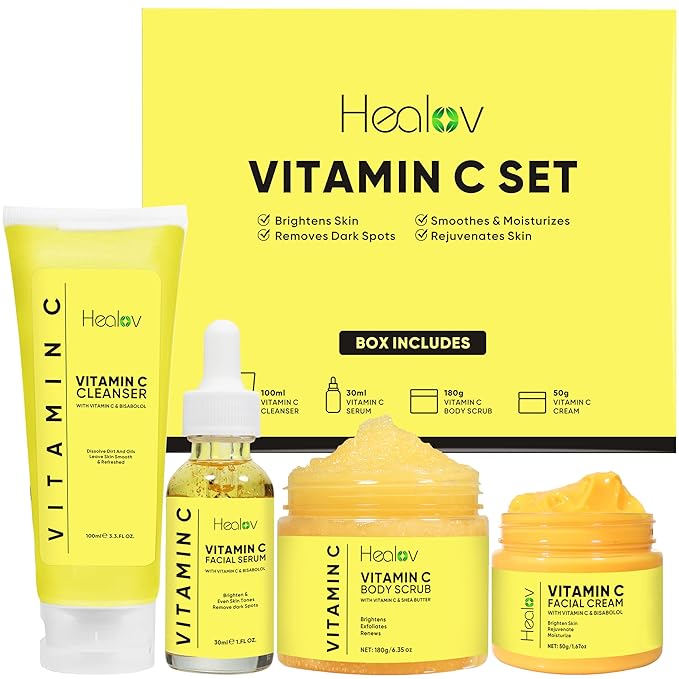 Vitamin C Skincare Set – Hydrating Facial Cleanser, Exfoliating Body Scrub, Face Cream & Anti Aging Serum – Vit C Reduces Dullness, Fine Lines, Wrinkles, Dark Circles – Travel Kit for Youthful Skin