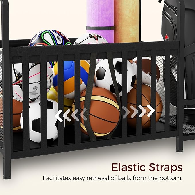 Sports Equipment Storage for Garage, Large Size Garage Storage,78.3" Ball Storage Rack, Sports Equipment Organizer with Hooks, Ball Holder for Football, Basketball, Black BEHB17201