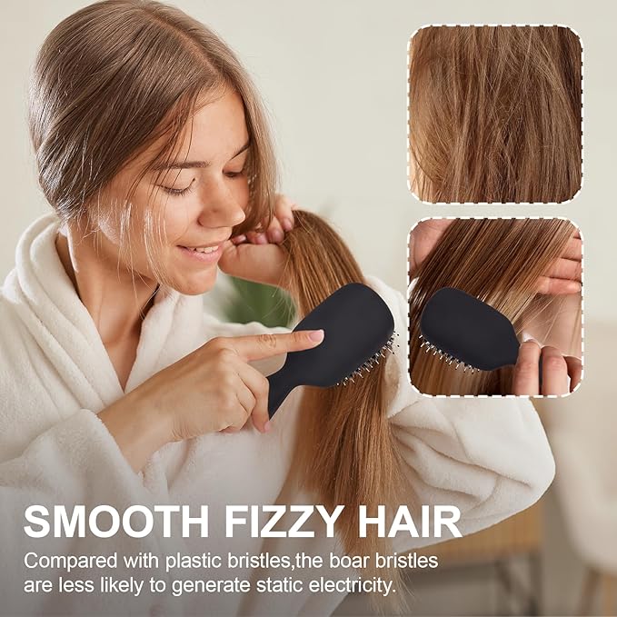 Mini Boar Bristles Hair Bursh, Travel Size Hair Brush for Women Men Kids, Protable Small Hair Brush for Pockets Purses, Mini Detangler Brush for Smooth Add Shine(Black)
