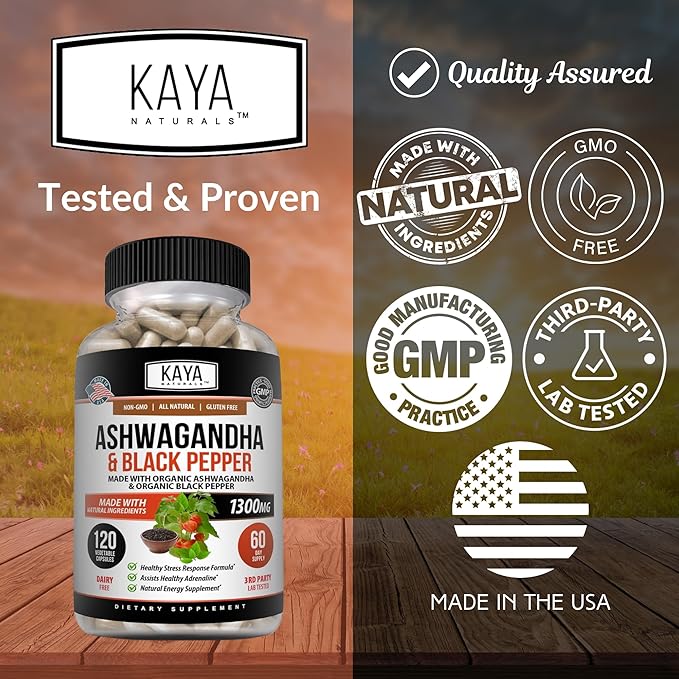 Kaya Naturals Organic Ashwagandha 1300mg, 120 Count Capsules for Stress Relief, Adrenal, Mood & Thyroid Support, Black Pepper and 100% Pure Ashwagandha -120 Capsules
