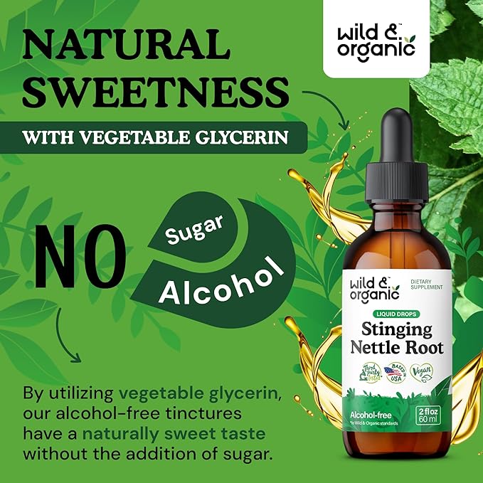 Wild & Organic Stinging Nettle Root Drops - Stinging Nettle Extract Tincture - Alcohol Free Nettle Supplement - Vegan, Sugar Free - 2 fl oz
