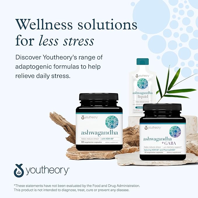 Youtheory Ashwagandha + GABA - 1,000 mg Ashwagandha & 100 mg GABA - Cortisol, Stress & Memory Support Supplement - 60 Vegetarian Capsules