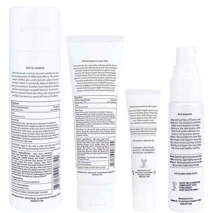 NxN Acne Treatment Kit 4-Step Clear Skin System with Salicylic Acid, Probiotics, Sulfer & Natural Retinols, Control Blemishes & Breakouts, Face Care Solution Set for All Skin Types Including Sensitive