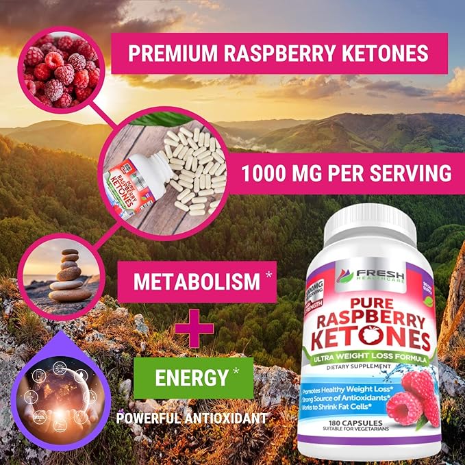 FRESH HEALTHCARE Pure 100% Raspberry Ketones Max 1000mg Per Serving - 3 Month Supply Non GMO - Advanced Weight Loss Support - 180 Capsules
