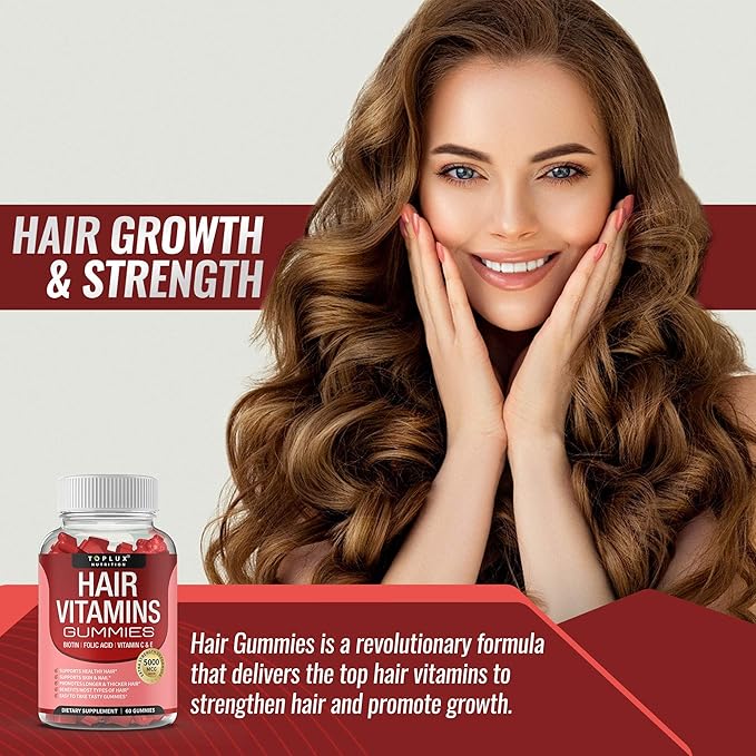 Hair Vitamins Gummies Supplement – Faster Hair Growth Gummy 5000mcg Biotin, Folic Acid, Vitamin C & E, Support Stronger & Thicker Hair, Skin, Nails, Non-GMO, for Men Women, 60 Berry Flavored Gummies