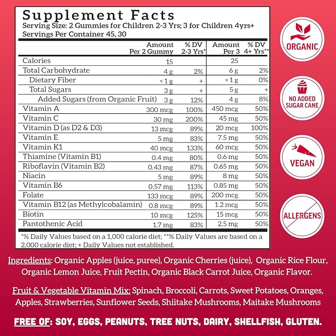 Real Fruit Gummy Vitamins for Kids, No Added Sugar Cane, Beta Carotenes, Whole Food Multivitamin, Vegan Toddler Gummies, Plant Based, Organic, Chewable 90 ct (30-45 Days) Cherry (2 Pack)