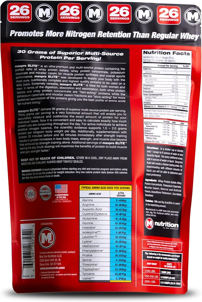 Max Muscle Maxpro Elite | 30g Protein | 6.6g BCAAs | Micellar Casein Cold Filtered Whey Isolate Protein Concentrate | Promotes Muscle Growth, Strength and Recovery (Chocolate Mint, 2lb)