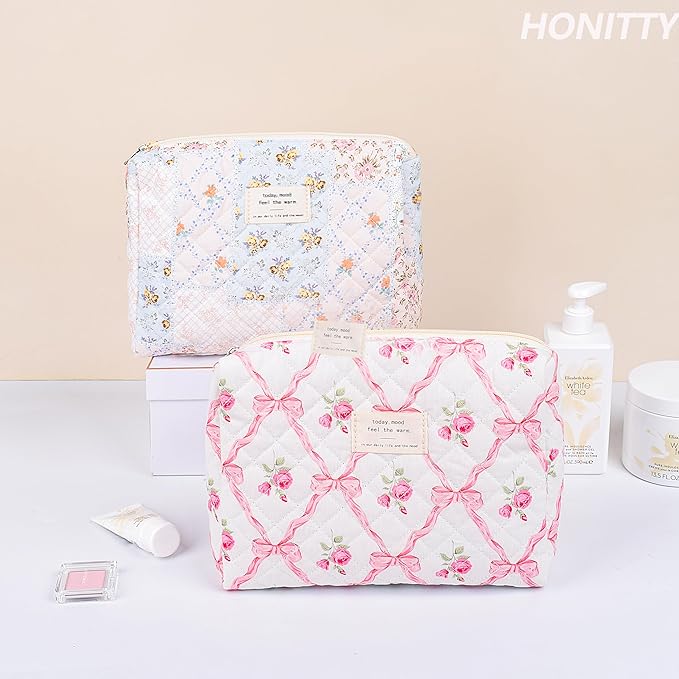 Quilted Makeup Bag,Medium Travel Floral Cosmetic Bag Cute Pouch,Cotton Makeup Brushes Storage Bag for Women