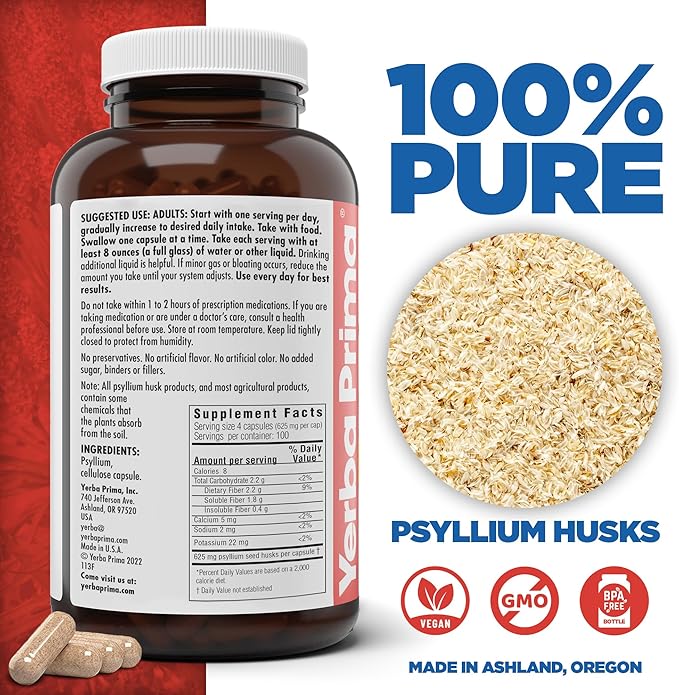 Yerba Prima Psyllium Husks Veg Caps, 400 Capsules (625mg) (Pack of 2) - Vegan, Non-GMO, Gluten Free, Colon Cleanser, Daily Fiber Supplement for Gut Health & Regularity