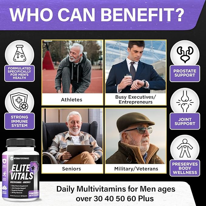 Elite Vitals Multivitamin for Men โ Daily Mens Multivitamins Ages Over 20 Plus โ Prostrate Energy Immune Joint Support โ Daily Mens Vitamins and Minerals (60 Capsules)