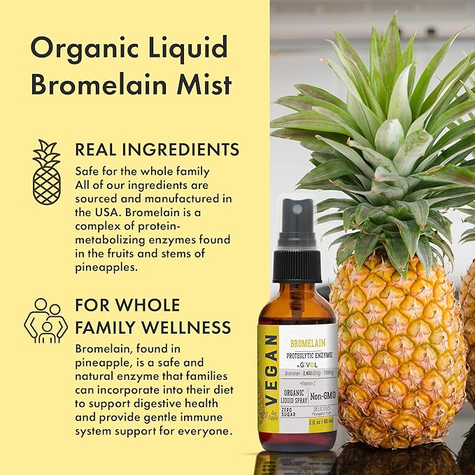 Organic Raw Bromelain Mist-Liquid Pineapple Extract - Enhanced Potency 500mg, for Kids & Adults - for Digestive Health, Inflammatory Response, and Healing - Non-GMO - 60ml 120 Day Supply