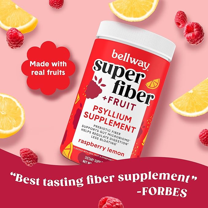 Bellway Super Fiber Powder + Fruit (3 Pack), Sugar Free Organic Psyllium Husk Powder Fiber Supplement for Regularity, Bloating Relief & Gut Health, Non-GMO, Plant-Based, Raspberry Lemon (150 Servings)