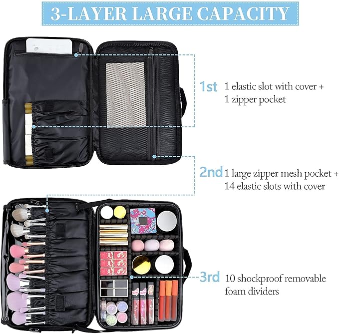 JOURMON Travel Makeup Case 3 Layers Makeup Train Case Portable Makeup Bag Organizer Portable Artist Storage Bag with Adjustable Dividers and Shoulder Strap(Black, M)