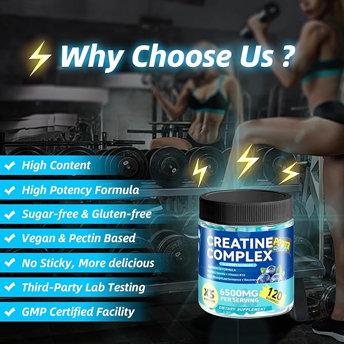 Creatine Monohydrate Gummies 6500mg per Serving for Men & Women - 120 Gummies X5 Strength Sugar Free Chewable Creatine for Muscle Builder, Muscle Strength, Pre-Workout Supplement (Blueberry)