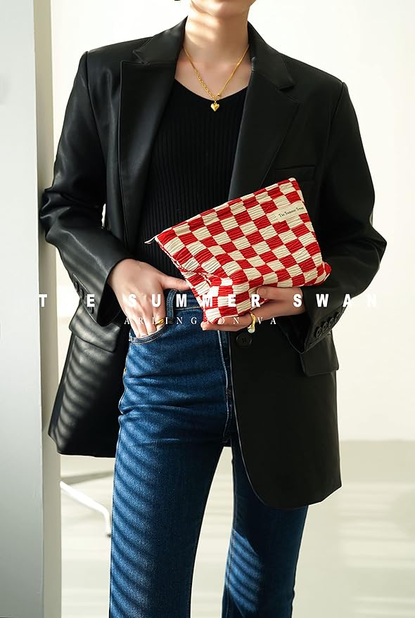 The Summer Swan | Large Aesthetic | Checkered Makeup Bag | Pencil Pouch | Period Kit Bag | Hygiene Bag | Skincare Bag | Cute Makeup Bag (Checkered Red & White)