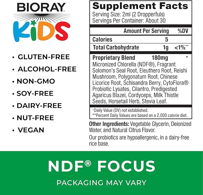 BIORAY Kids NDF Focus, Citrus - 2 fl oz - Supports Cognitive Function, Enhances Clarity & Promotes Steady Energy Levels - Non-GMO, Vegetarian, Gluten Free - 1-2 Month Supply