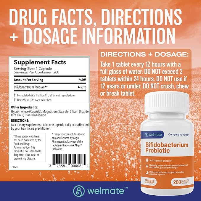 WELMATE Bifidobacterium | Probiotic Supplement | Supports Gut Health | Immune Support | Digestive Enzymes | Gluten Free | Vegan | Men & Womens Probiotic | Value Size | 200 Count