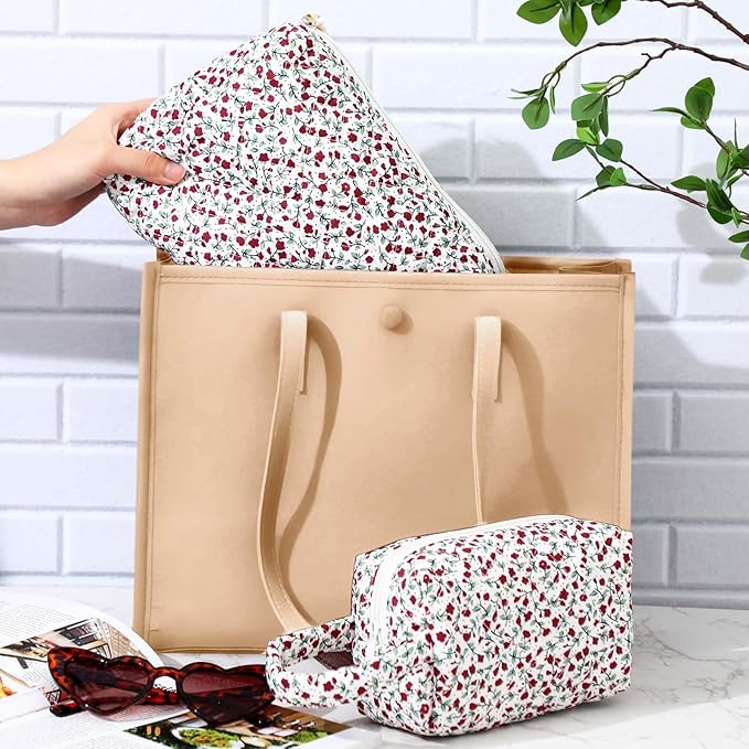 Paterr 3 Pieces Cotton Quilted Makeup Bag Set Coquette Cosmetic Bag Aesthetic Travel Toiletry pouch Cute Pouch Kawaii Aesthetic for Women(Red,Red Floral)