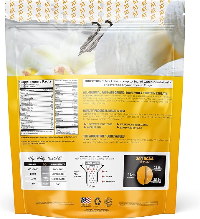 About Time Whey Isolate Protein, Non-GMO, All Natural, Lactose/Gluten Free, 24g of Protein Per Serving (Vanilla - 2 Pounds)
