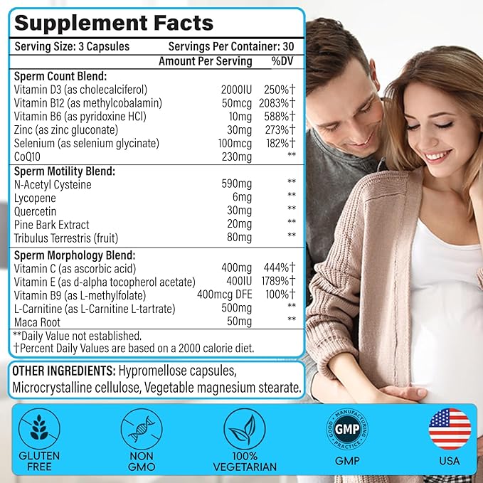 Male Fertility Supplements, Advanced Fertility Supplement for Men Optimal Sperm Count Motility & T-Level with Maca Root, Tribulus Terrestris, Zinc, CoQ10, Pre Conception for Him, 270 Caps