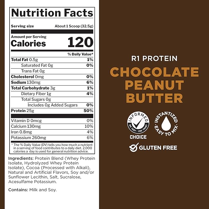 Rule One Proteins R1 Protein - 25g Fast-Acting, Super-Pure 100% Isolate and Hydrolysate Protein Powder with 6g BCAAs (5 Pounds*, Chocolate Peanut Butter)