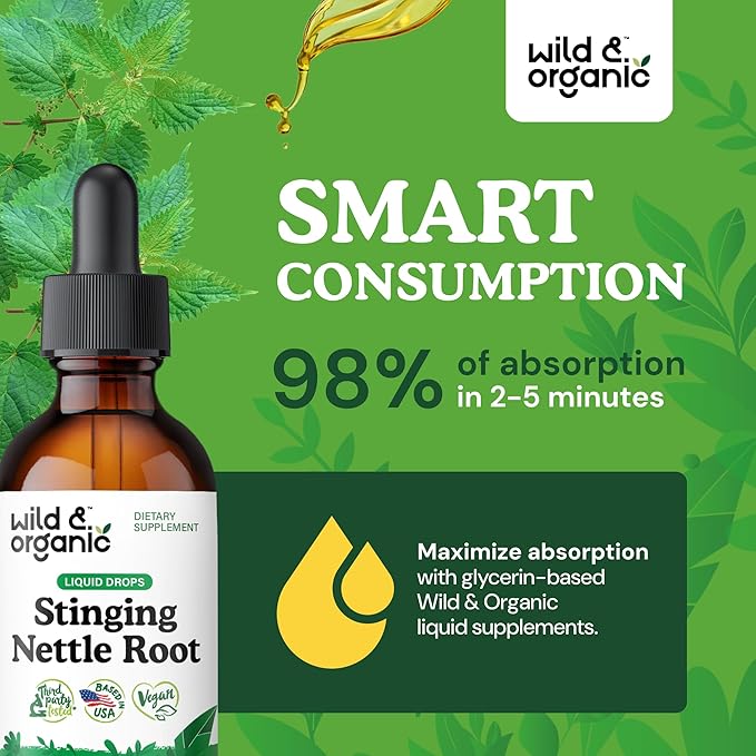 Wild & Organic Stinging Nettle Root Drops - Stinging Nettle Extract Tincture - Alcohol Free Nettle Supplement - Vegan, Sugar Free - 2 fl oz