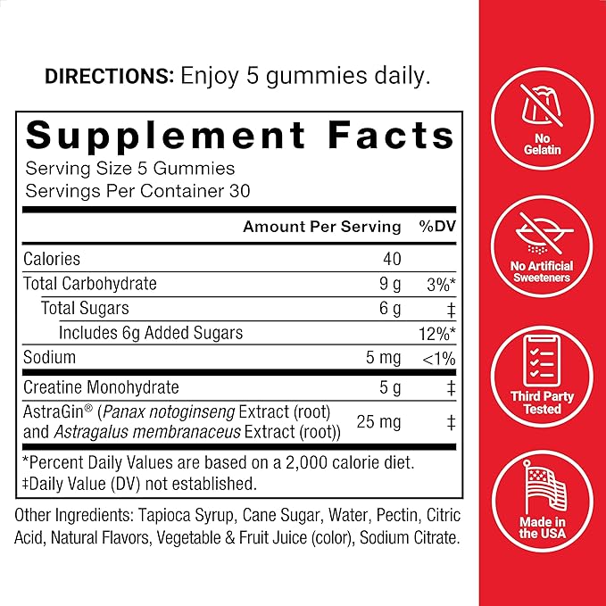 FORCE FACTOR Creatine Gummies, Creatine Monohydrate for Muscle Gain, More Strength, and Faster Recovery, Clinically Studied Creatine 5g Dose, Assorted Fruit Flavors, 30 Servings
