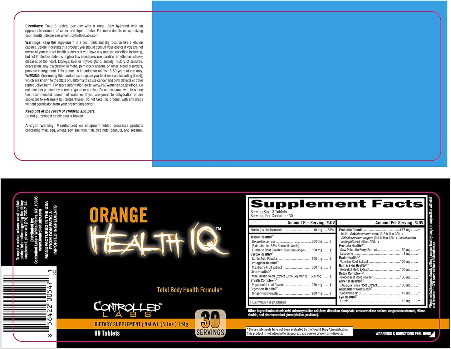 CONTROLLED LABS Orange Health IQ Daily Supplement for Men and Women, 90 Tablets, Enhanced Stamina, Energy, Cardio Function in Your Workout and Sports