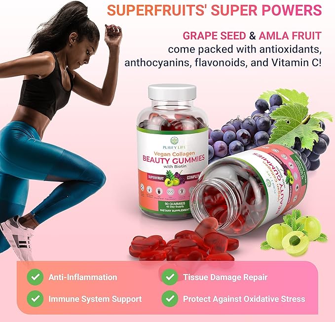 Purify Life Vegan Collagen Gummies with Biotin Vitamins for Hair Skin and Nails Health, (90 Chews) Collagen Support Superfruit Complex with Resveratrol, Vitamin A, E, C - Replace Capsules, Pills