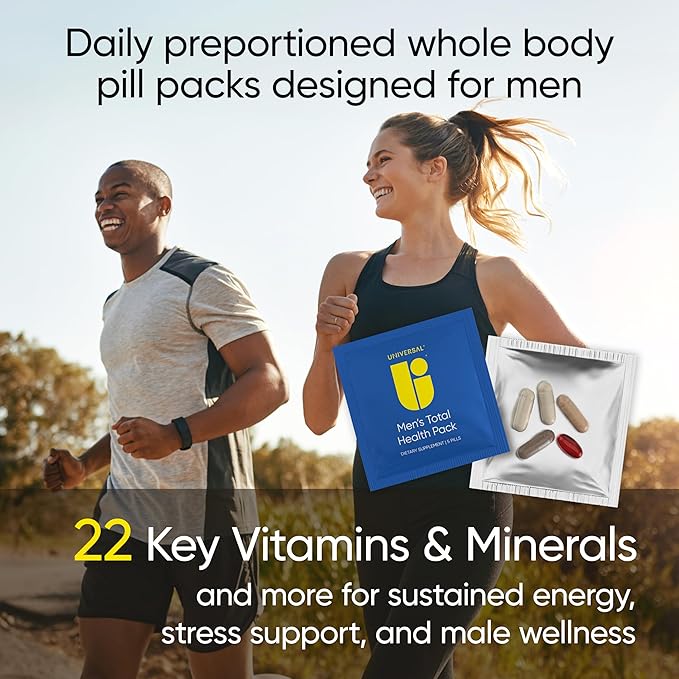 Men's Total Health Pack Daily Multivitamin Supplement, Energy, Stress Support, Krill Oil, 22 Key Vitamins & Minerals, VIT D, C, B12, E, A, B6, K, Biotin, Zinc, Astaxanthin (30 Pack)
