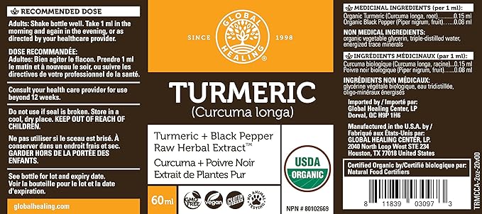 Global Healing Organic Turmeric Curcumin Supplement with Black Pepper Extract Liquid Drops to Support Joint Mobility Relief and Digestive Health Multi Turmeric Supplement- 2 Fl Oz