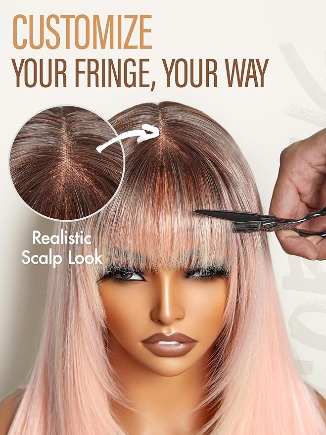 GORGIUS Straight Glueless Wig with Bangs Ombre Peach Pink Layered Hair Ready-to-Go Synthetic Bang Wigs with Realistic Scalp 24 Inch