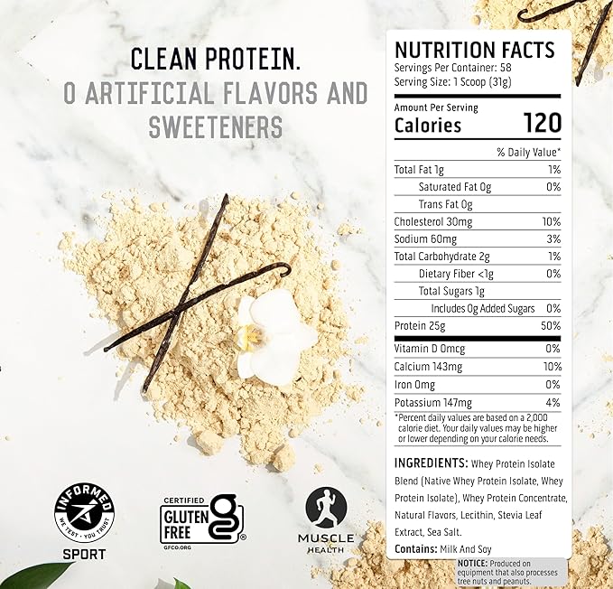 Ascent 100% Whey Protein Powder - Post Workout Whey Protein Isolate, Zero Artificial Flavors & Sweeteners, Gluten Free, 5.5g BCAA, 2.6g Leucine, Essential Amino Acids, Vanilla Bean 4 lb