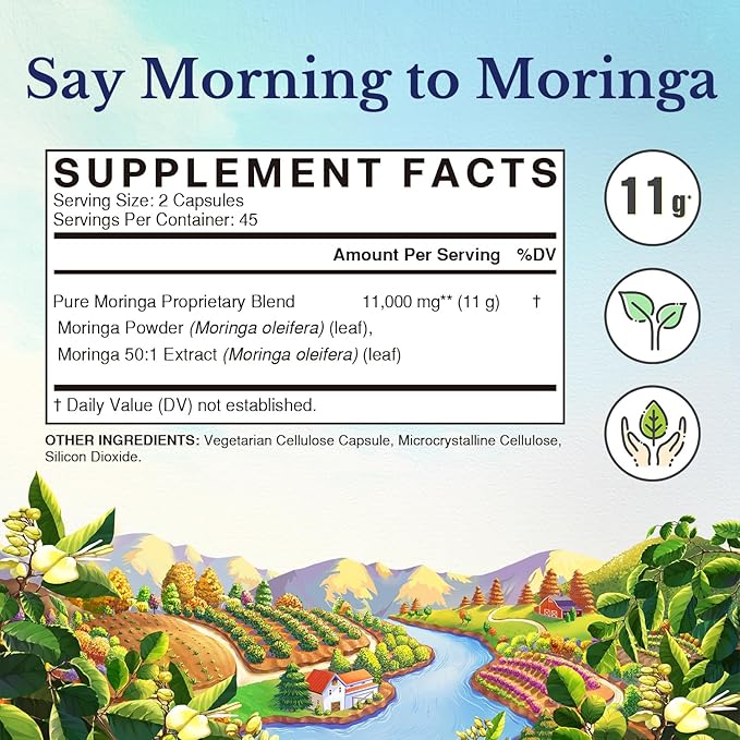 Vitalitown Moringa Capsules 11,000 MG, Pure Moringa Supplement, Green Moringa Leaves, No Sticks, No Caffeine, Moringa Oleifera, Energy, Appetite, 90 Capsules