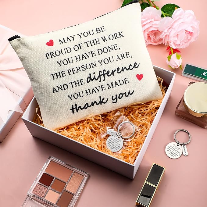 Geosar 16 Pcs Thank You Gifts Bulk Employee Appreciation Gifts with 8 Inspirational Makeup Bags and 8 Thank You Keychains for Mother's Day Nurse Week graduation Teachers Coworkers Volunteers Staff