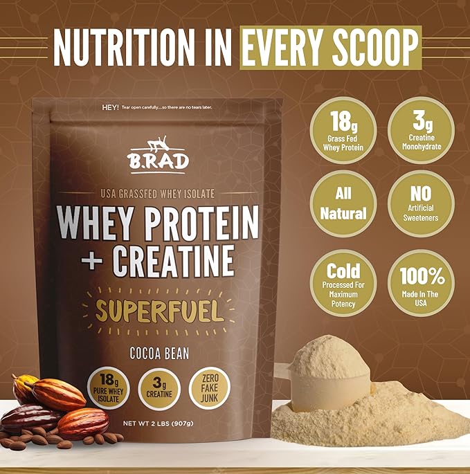B.rad Grass-Fed Whey Protein Isolate Powder with Creatine | All-Natural, Ultra-Pure, Clean Ingredients | 100% USA-Sourced Superfuel | 2 Pounds | Cocoa Bean (Chocolate)
