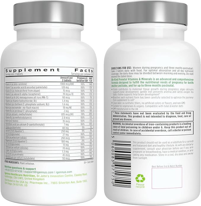 Methylated Prenatal Multivitamin, Folate for MTHFR, High Absorption, Clean Label, Gentle Iron, Choline, Natural Calcium & Magnesium, Vegan Vitamins for Pregnancy, 6 x 60 Tablets, by Igennus